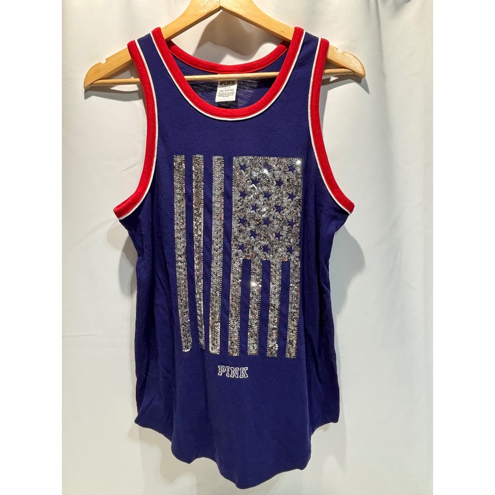 PINK Victoria's Secret Tank Top Women Small Blue Sequin American Flag Ringer